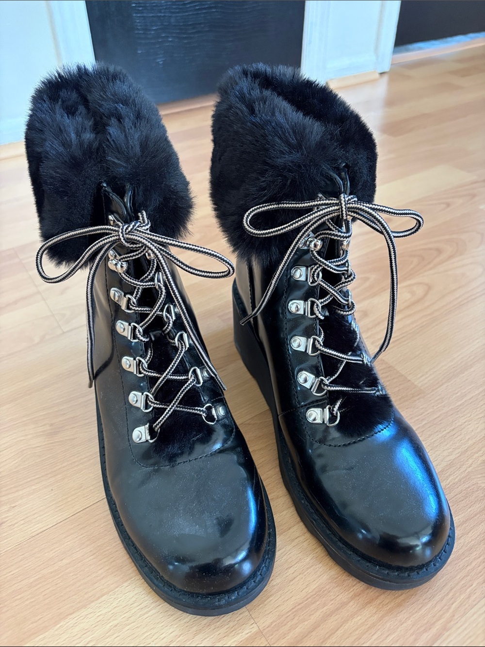 INC International Concepts Black Lace-Up Faux Fur Trim Combat Booties